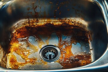 A sink with a drain that is covered in oil and grease