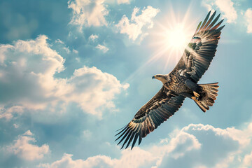 Fototapeta premium An eagle soars through a bright sky with the sun behind, representing freedom and strength.