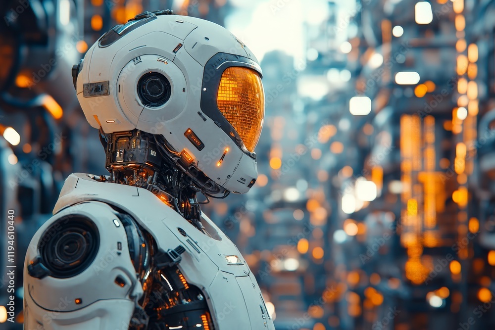 Poster a futuristic robot, with a glowing visor, explores the illuminated depths of a high-tech city, refle