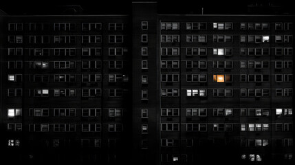 Apartment house at night with empty windows with only one man awake