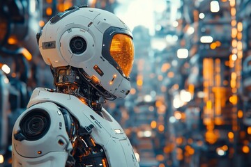 Fototapeta premium A futuristic robot, with a glowing visor, explores the illuminated depths of a high-tech city, reflecting an era of advanced automation and urban innovation.