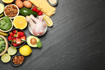 Different fresh products rich in dopamine on grey textured table, flat lay. Space for text