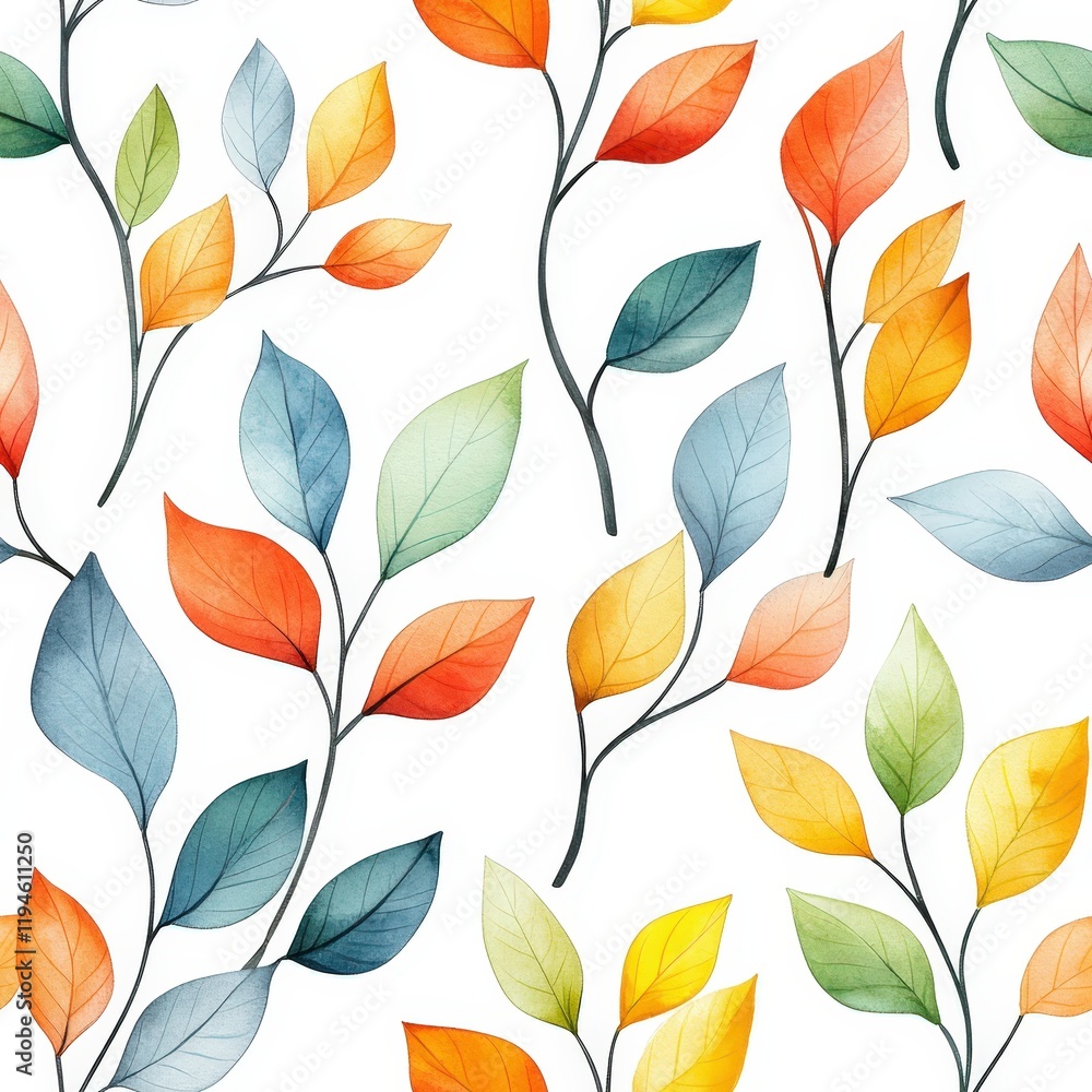 Poster watercolor leaves on branches in vibrant colors for seamless patterns and textures in natural elemen