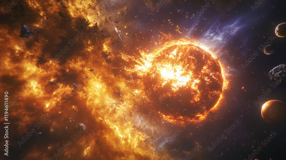Poster parallax background planets in outer space with satellites, exploding star and glowing nebula in dar