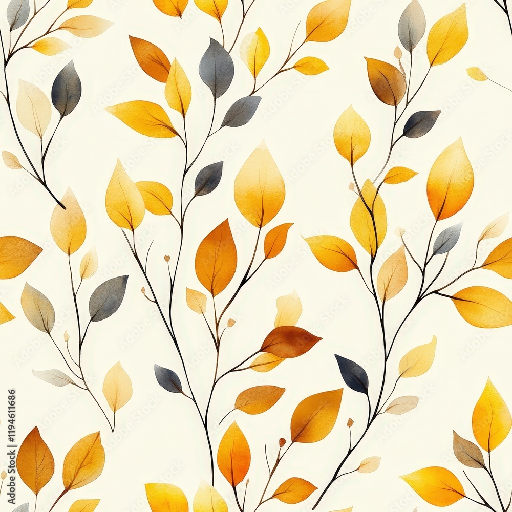 Poster vibrant watercolor leaves pattern on branches for seamless background and textiles creation in warm 
