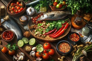 A table is covered with a variety of vegetables and spices, including tomatoes