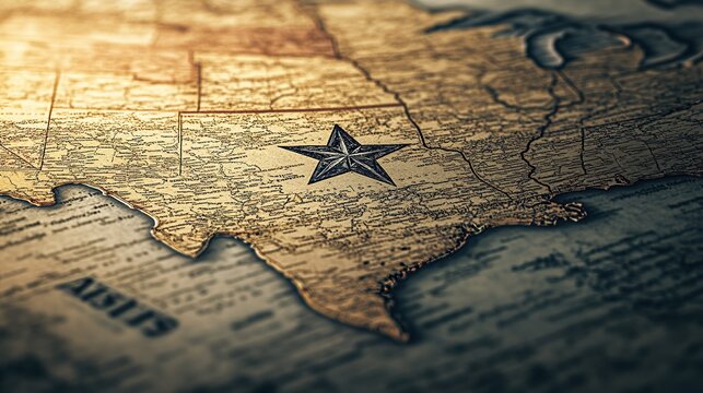 Close-up of vintage map highlighting Texas with compass rose.