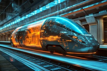Fototapeta premium Sleek high-speed train designed with advanced materials and illuminated with bright lights, awaiting departure from a modern, high-tech station platform.