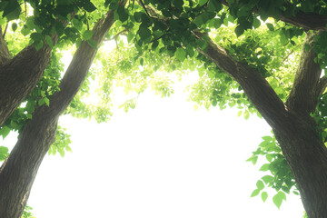 Obraz premium Lush green tree canopy with sunlight filtering through leaves, creating serene atmosphere. Perfect for nature lovers and outdoor enthusiasts