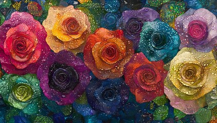 Vibrant Rainbow Roses: Dewdrops Sparkle on Petals, A Kaleidoscope of Colors in Full Bloom