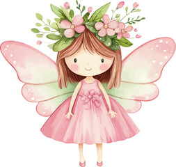 Cute Fairy In a Pink Dress Watercolor Vector Illustration.