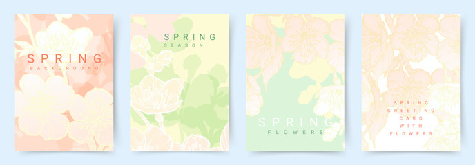 Spring trendy backgrounds with blooming branches and pink flowers. Abstract pastel vector templates for poster, invitation, card, flyer, cover, banner, brochure, social media, sale, advertising