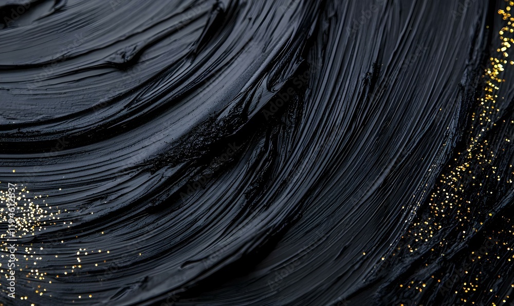 Poster bold circular brushstroke on black textured canvas, a striking interplay of dark tones and dynamic f