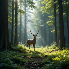 Majestic Deer in a Sun-Drenched Forest Path