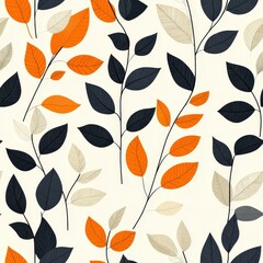 Abstract Botanical Pattern Featuring Leaves in Black, Orange, and Light Cream Colors for Modern Design and Artistic Backgrounds