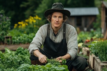 A male gardener dressed in rustic attire kneels amidst thriving green plants and vegetables, capturing the essence of organic gardening and dedication to growth.