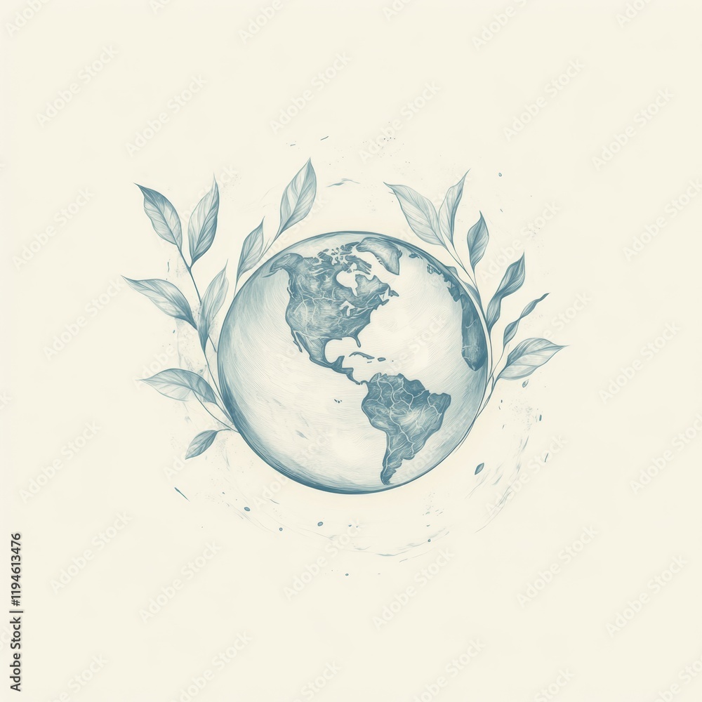 Poster delicate drawing of a globe surrounded by leaf-like elements