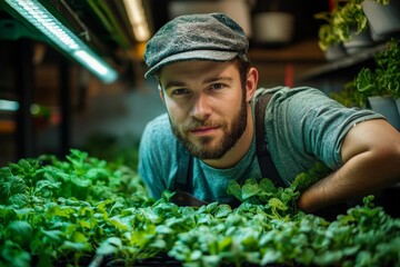 A man wearing a cap tends to vibrant green plants in an indoor greenhouse setting, showcasing his passion and the lush, healthy foliage surrounding him.