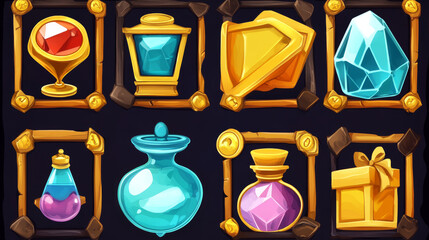 Daily game reward graphic user interface, menu panel for rpg. Screen gui design with level assets in glossy golden frames. Gold coin, hourglass, bomb, magic potion, gem stone, gift box vector treasure