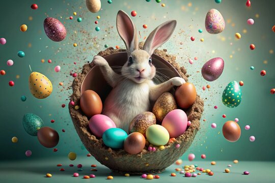 A holiday banner. A cute Easter bunny is peeking out of a hole with colorful eggs all around. The concept of a happy Easter.