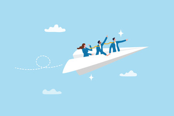 Team winning business achievement, teamwork working together, company direction, leadership strategy, motivation, aspirations concept, manager lead business people employee on paper airplane origami.