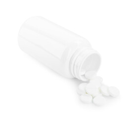 Medical bottle with antibiotic pills isolated on white