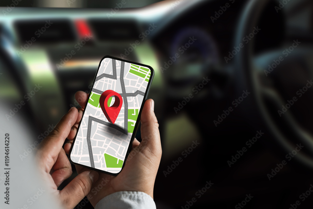 Poster gps map ,man using a smartphone displaying a map in a car gps navigation system