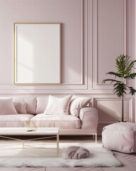 Living room interior with couch and blank photo frame on the wall, version 196