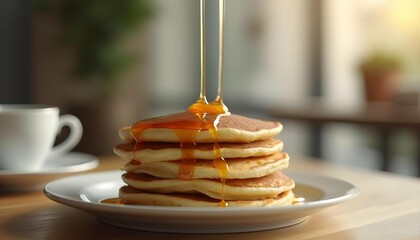A scrumptious pile of pancakes topped with melted honey syrup, perfect for a wonderful morning meal