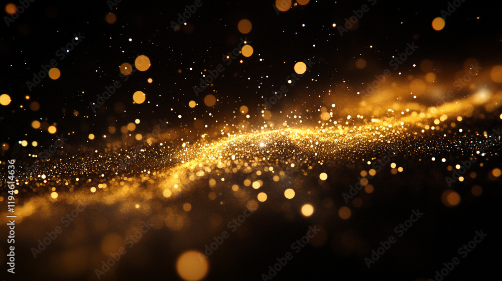 Poster sparkling golden particles create a mesmerizing cosmic effect in the dark background