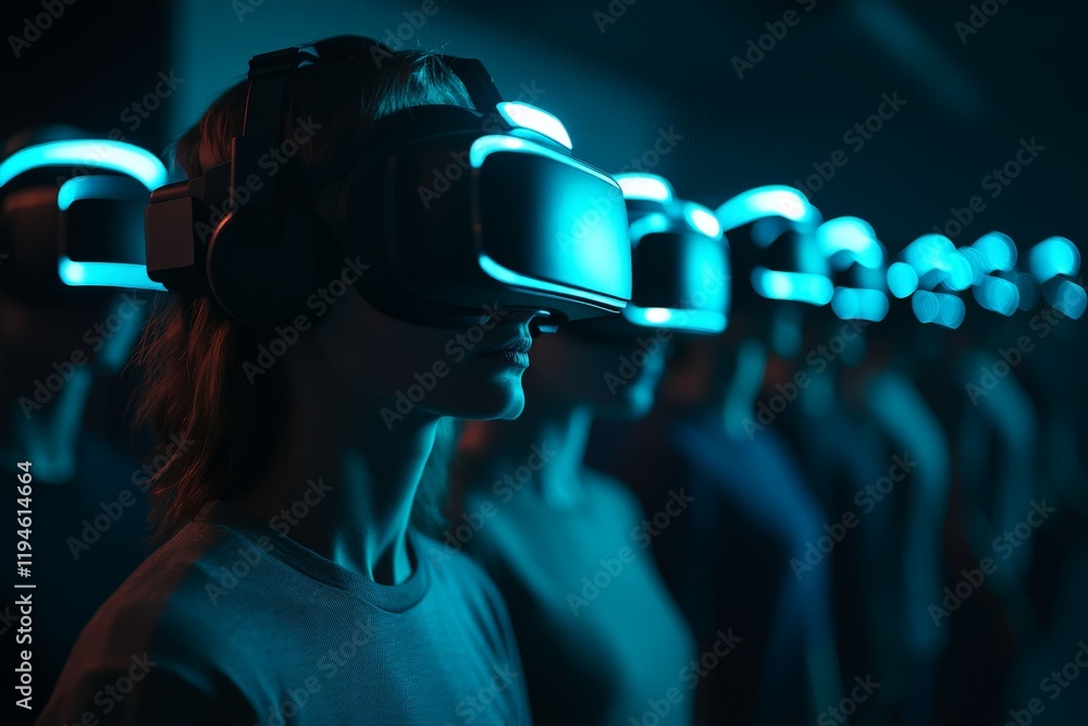 Poster a group of individuals deeply engaged in a synchronized virtual reality experience, highlighted by f