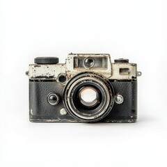 Weathered vintage camera, white background, studio shot, nostalgic feel
