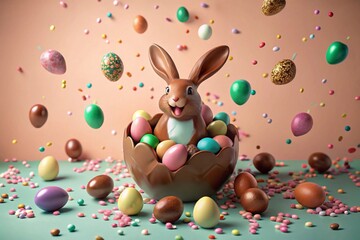 A holiday banner. A cute Easter bunny is peeking out of a hole with colorful eggs all around. The concept of a happy Easter.