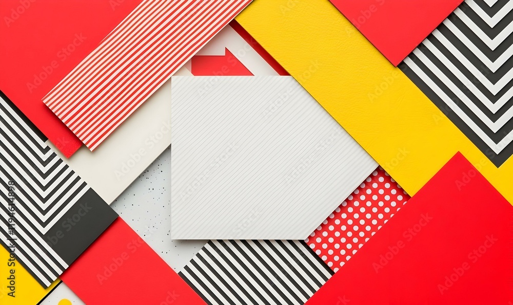 Poster vibrant abstract composition, a dynamic interplay of red and yellow geometric shapes creating an ene