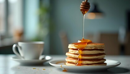 An enticing stack of pancakes with warm honey syrup cascading over them, presenting a timeless breakfast favorite