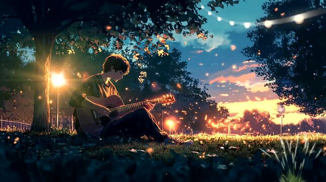 Boy playing guitar in a peaceful park during sunset with glowing lights. Looping video animation.