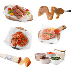 Marinade sauces and different types of marinated meat on white background, collage
