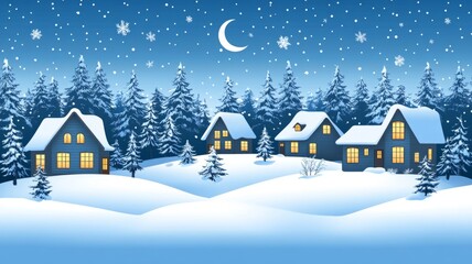 Peaceful Winter Village at Night under Starlit Sky