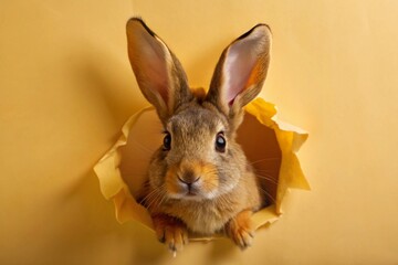 Obraz premium A holiday banner. A cute Easter bunny peeks out of a ragged hole. The concept of a happy Easter.