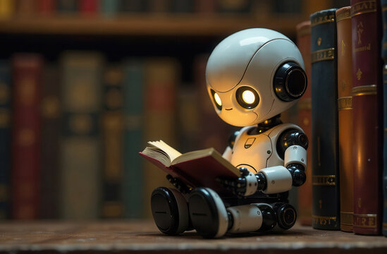 robot ai sits on a shelf in the library and reads a book. Concept of text generation, AI training and information systematization