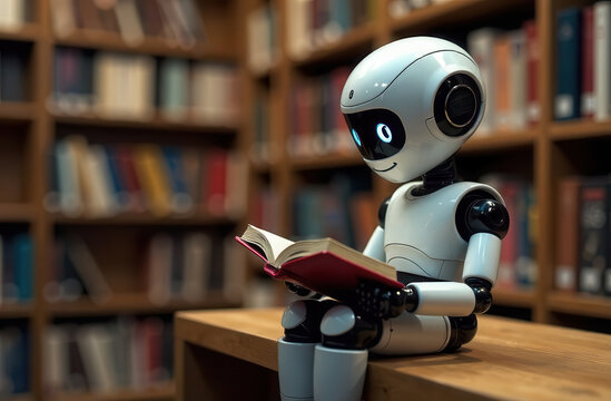 robot ai sits in the library and reads a book. Concept of text generation, AI training and information systematization
