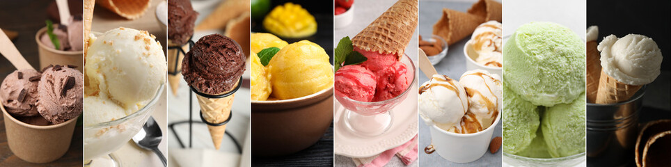 Yummy ice cream of different flavors, collage