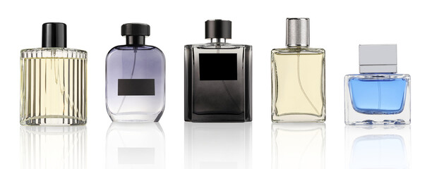 Bottles of various perfumes isolated on white, set