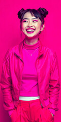 Cheerful young woman in fashionable clothes laughing on a bright clean background, showing a joyful expression on her face.
