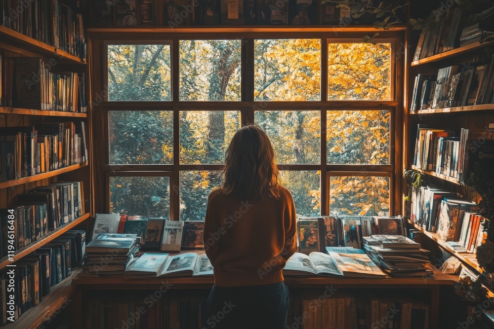 Poster a person gazes out a library window filled with books, with autumn light streaming in, symbolizing i