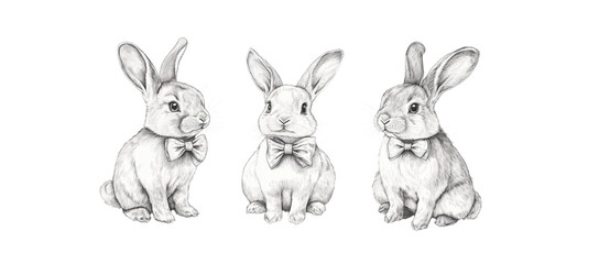 Cute drawing of a rabbit with a white bow. white background