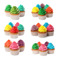 Tasty cupcakes with cream isolated on white, set