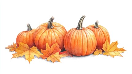 Watercolor pumpkins and autumn leaves on white background