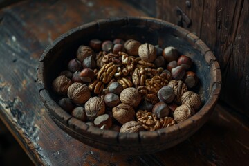 Fototapeta premium Assorted nuts in rustic wooden bowl