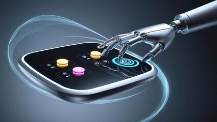 Floating Control Panel with Glowing Touch Buttons and Robotic Hand Interaction